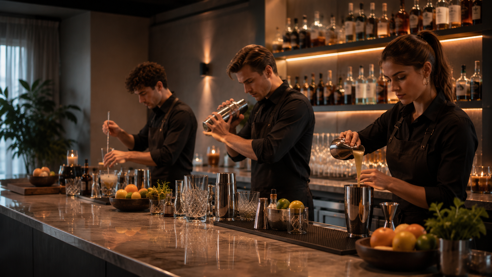 Tre elever i en bartenderutbildning gör cocktails bakom en bar
