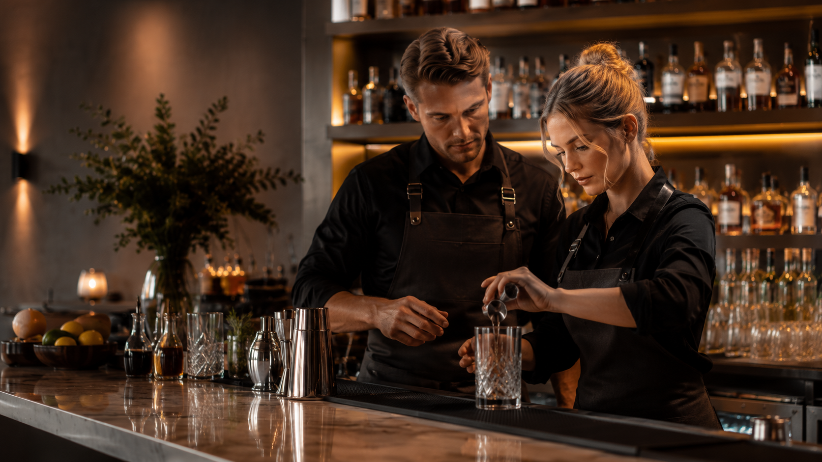 En bartender går igenom ett recept tillsammans med en student vid baren